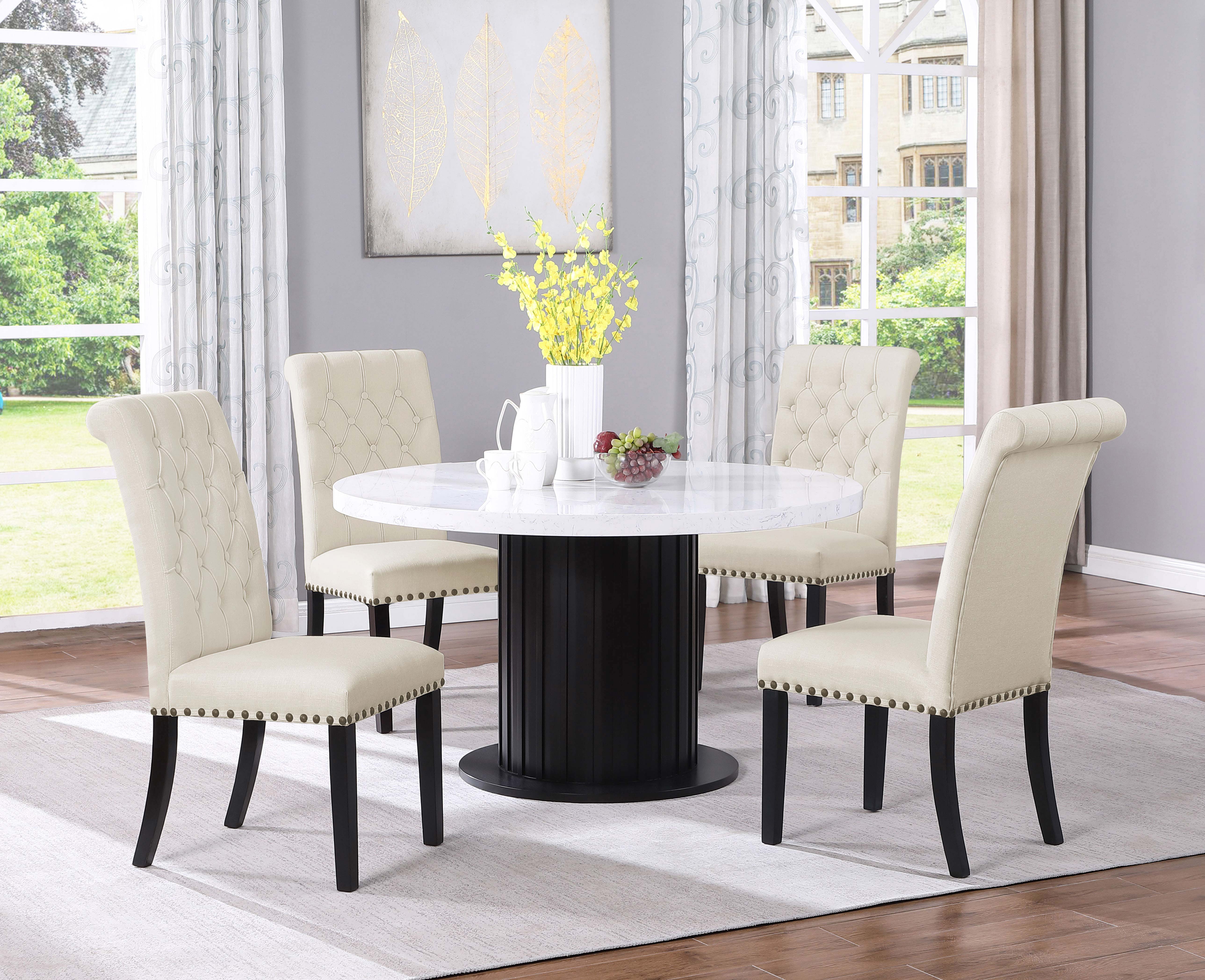 Sherry  Round Dining Set with Grey Fabric Chairs