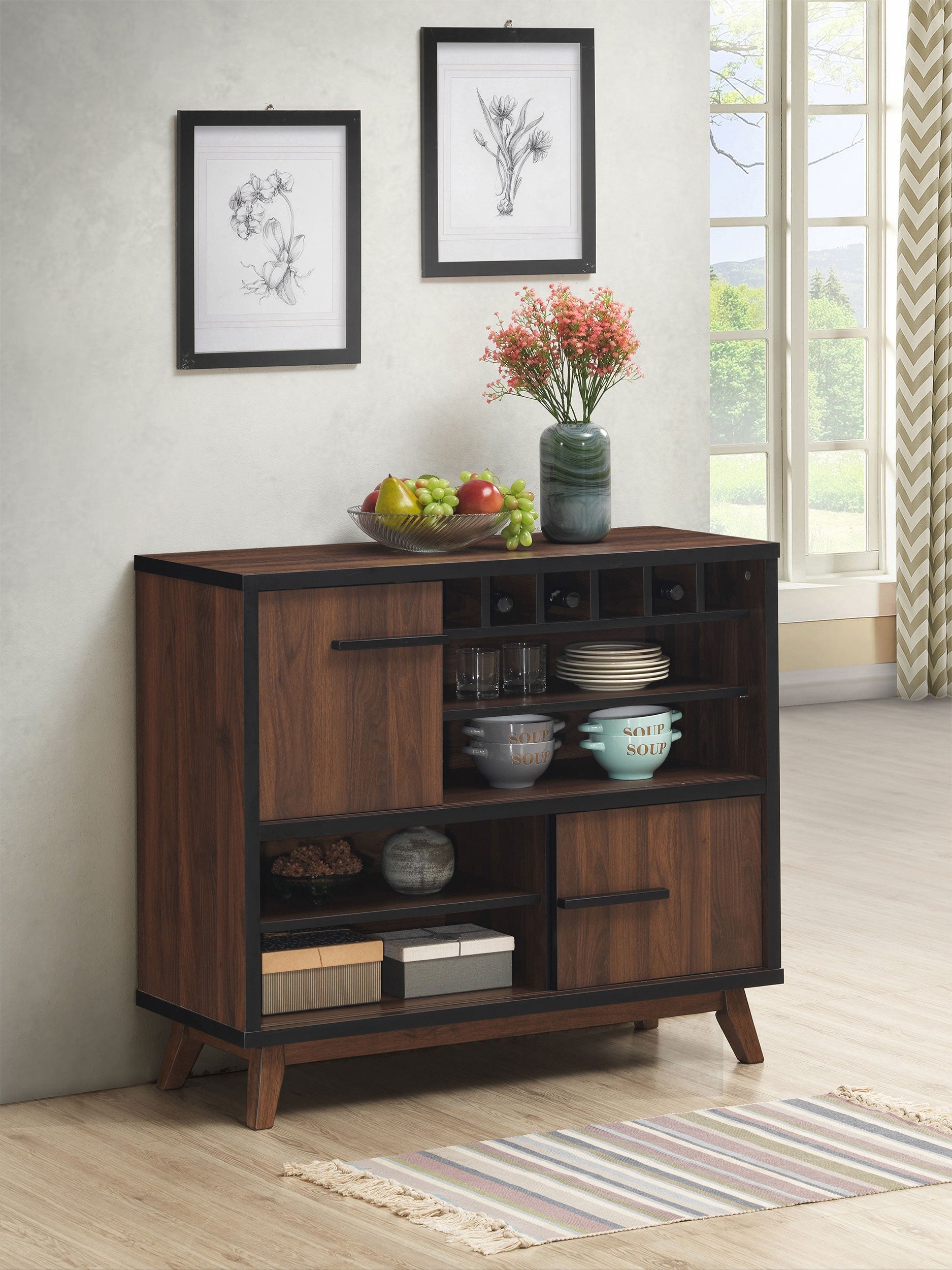 Ezekiel Wine Cabinet with 2 Sliding Doors Walnut and Black