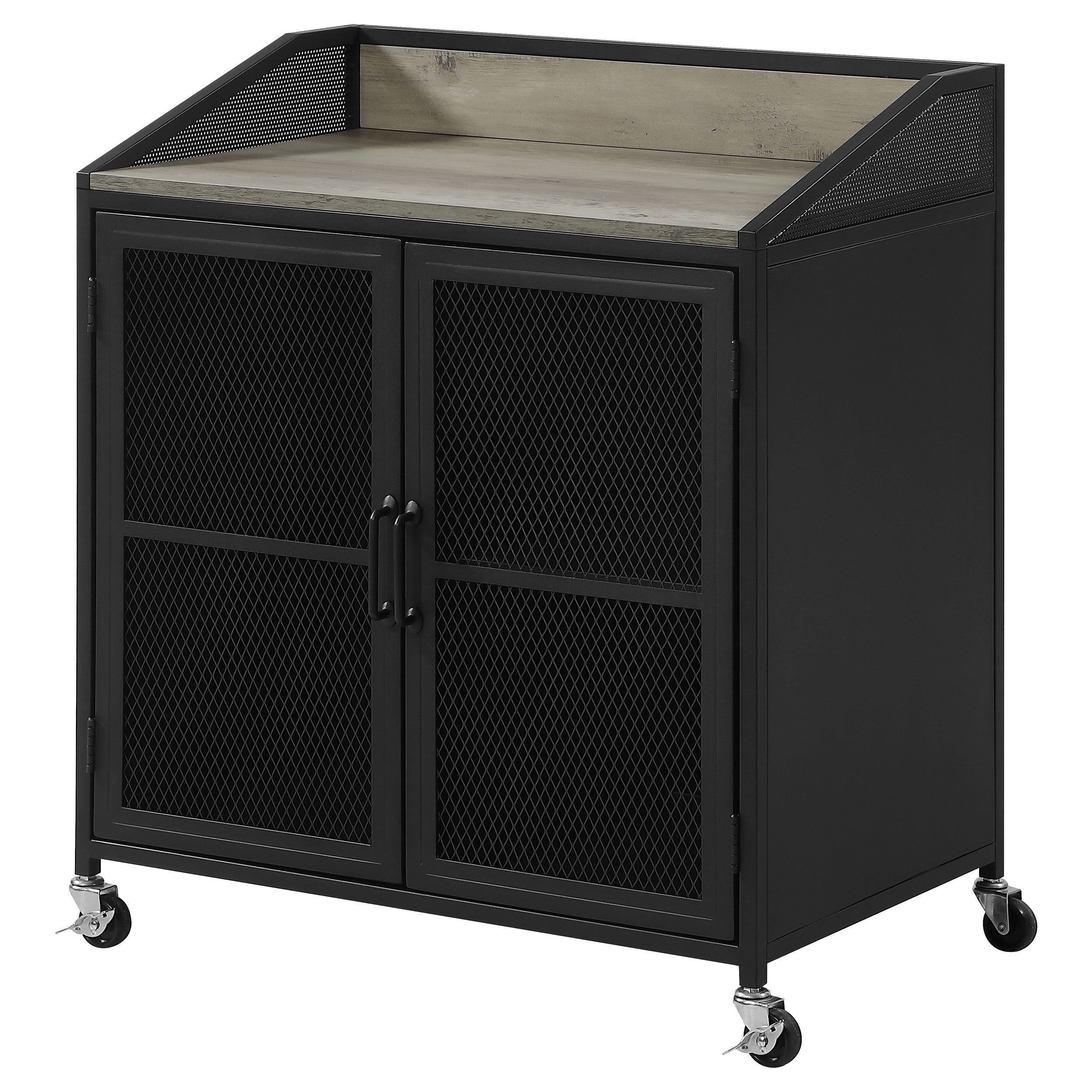 Arlette Wine Cabinet with Wire Mesh Doors Grey Wash and Sandy Black