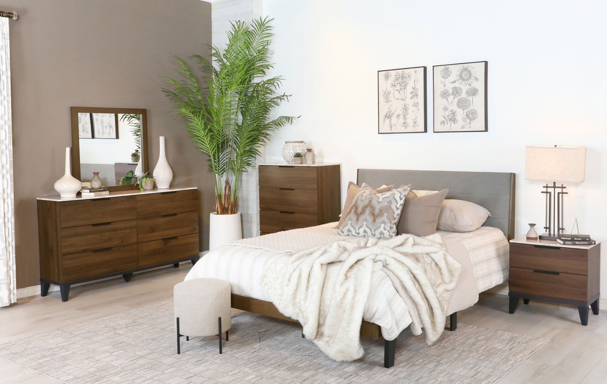 Mays  Upholstered  Bedroom Set Walnut Brown and Grey