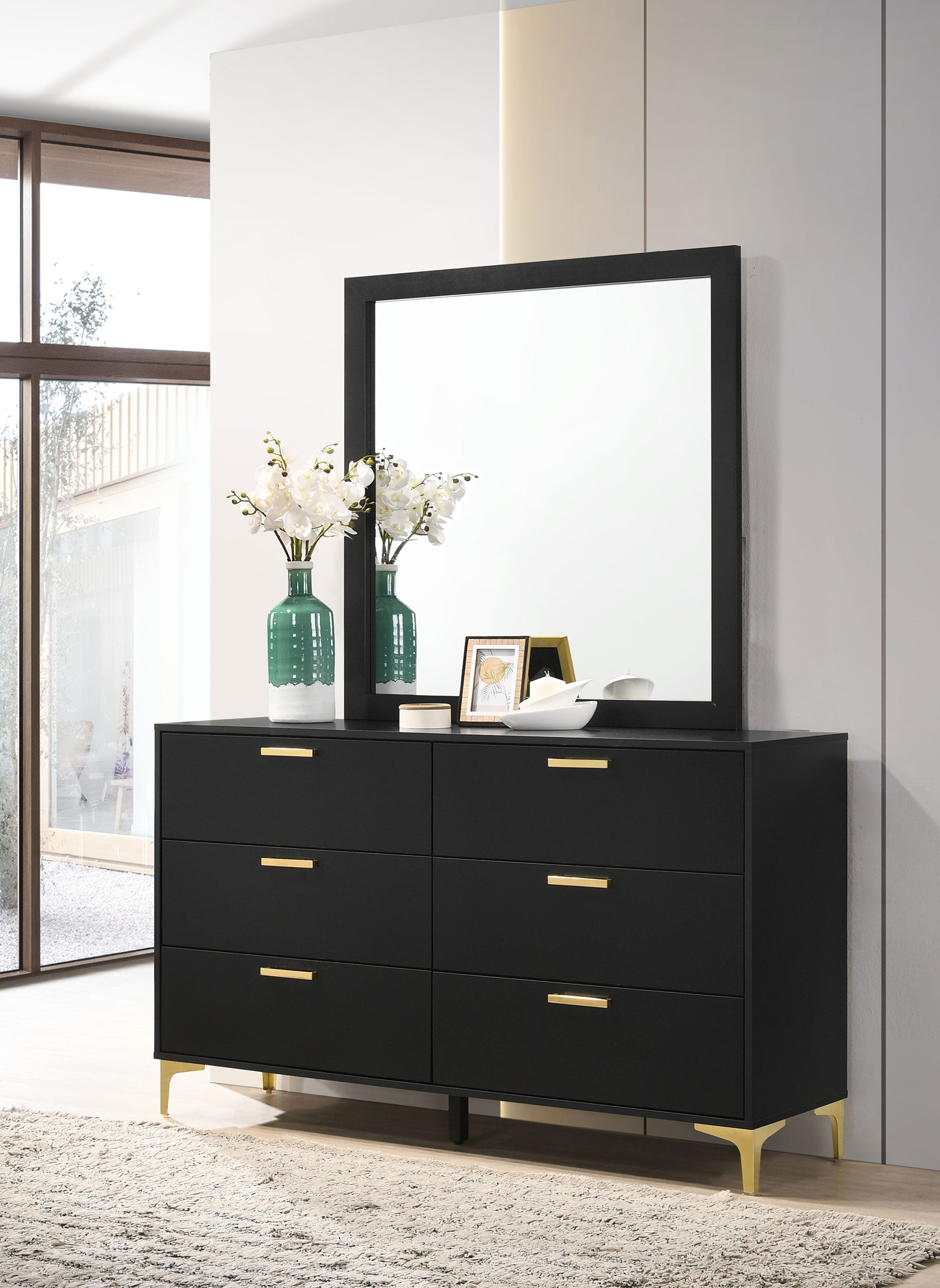 Kendall 6-drawer Dresser with Mirror Black and Gold