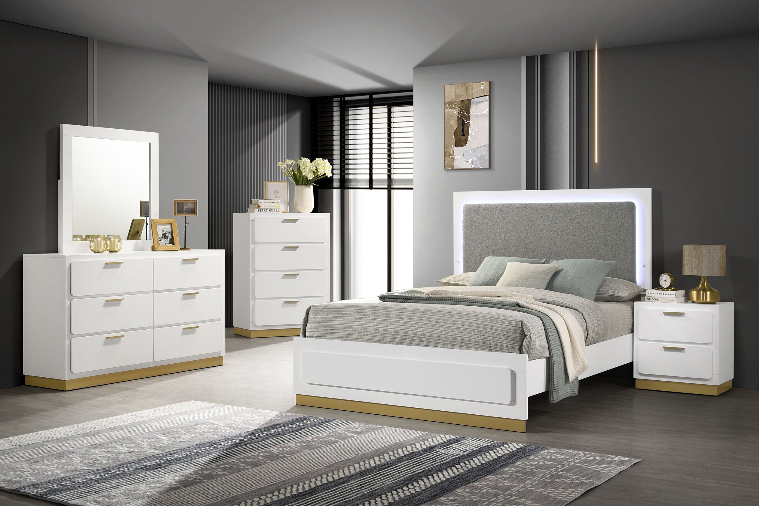 Caraway   Bedroom Set with LED Headboard White and Grey