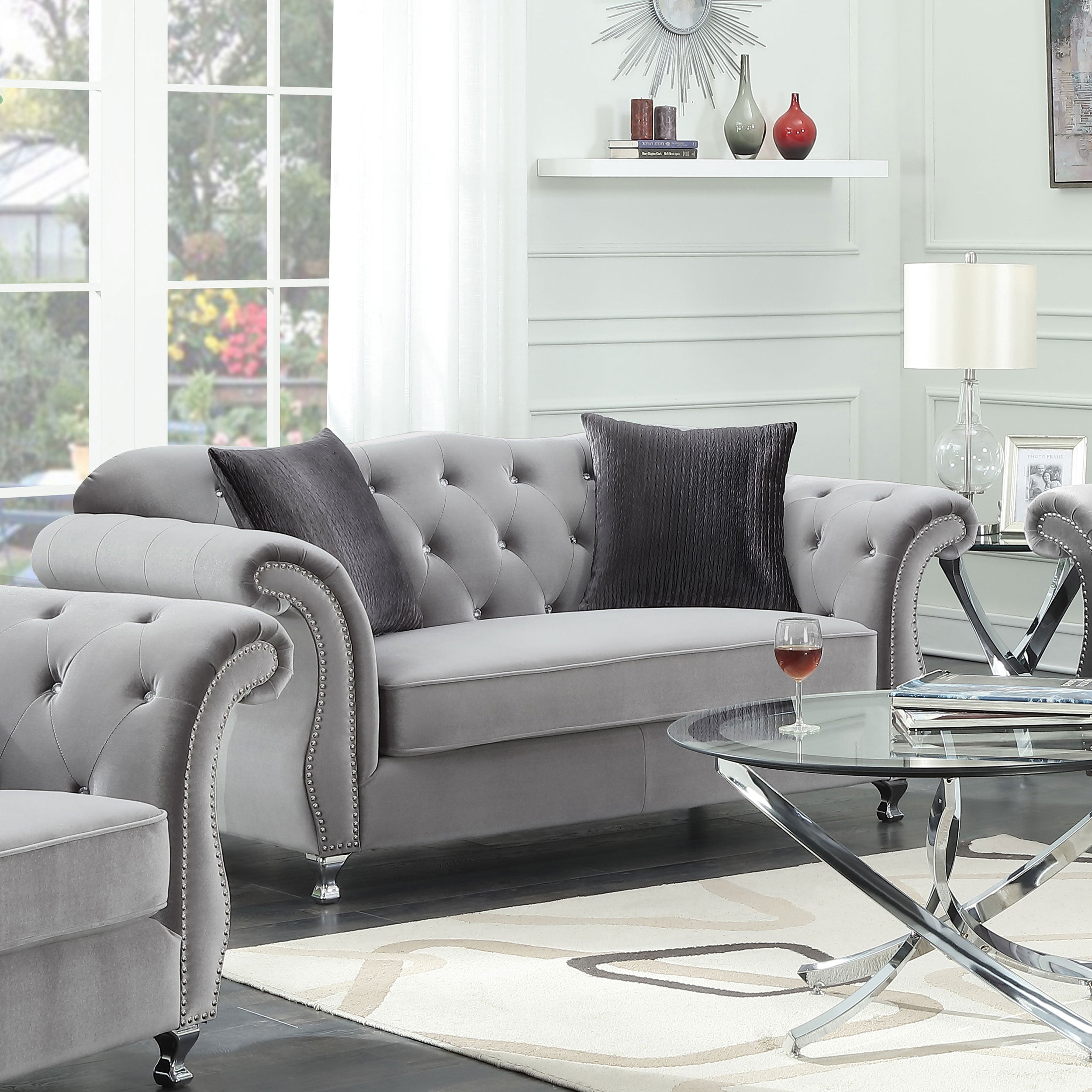 Frostine Button Tufted Loveseat Silver