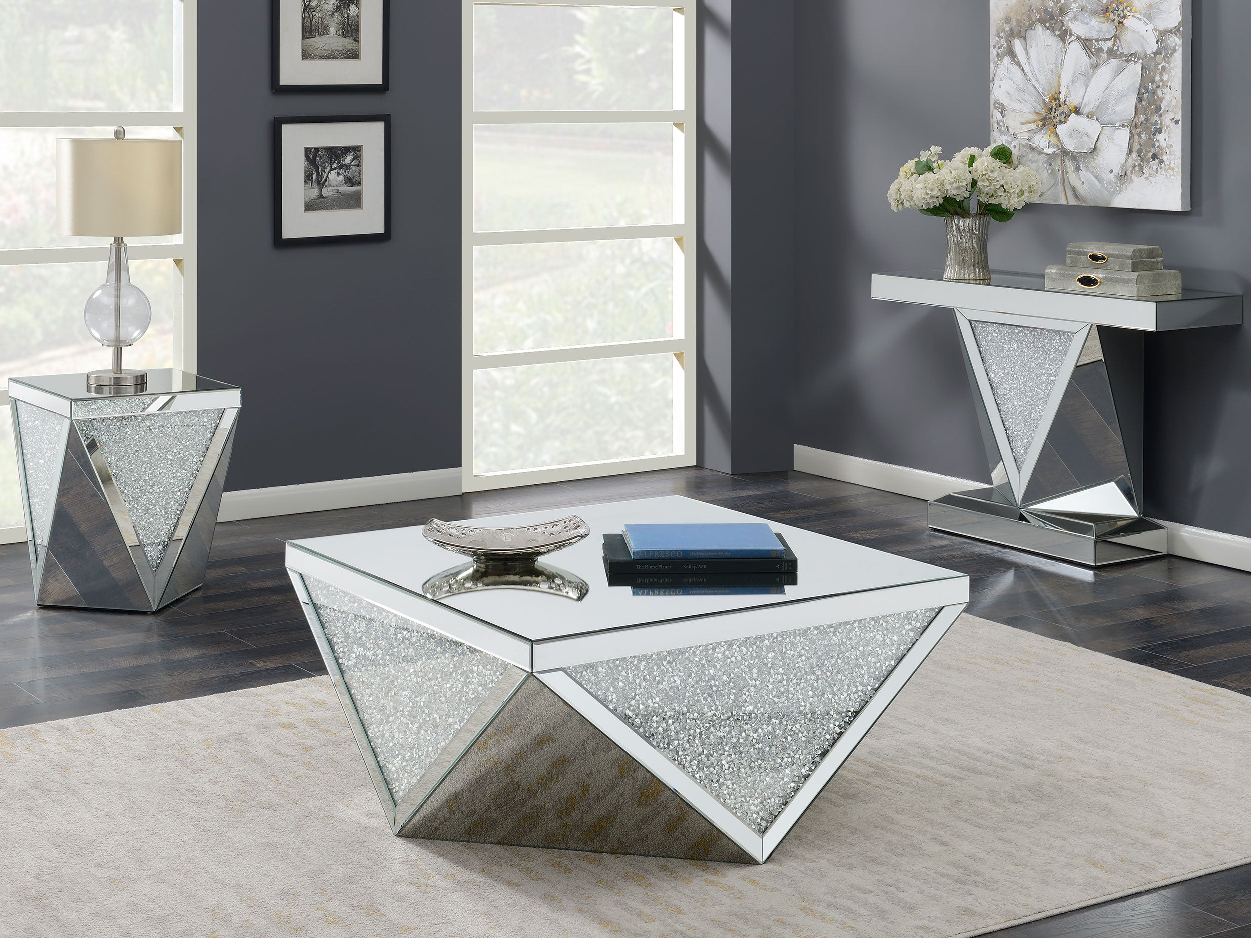 Amore Square End Table with Triangle Detailing Silver and Clear Mirror