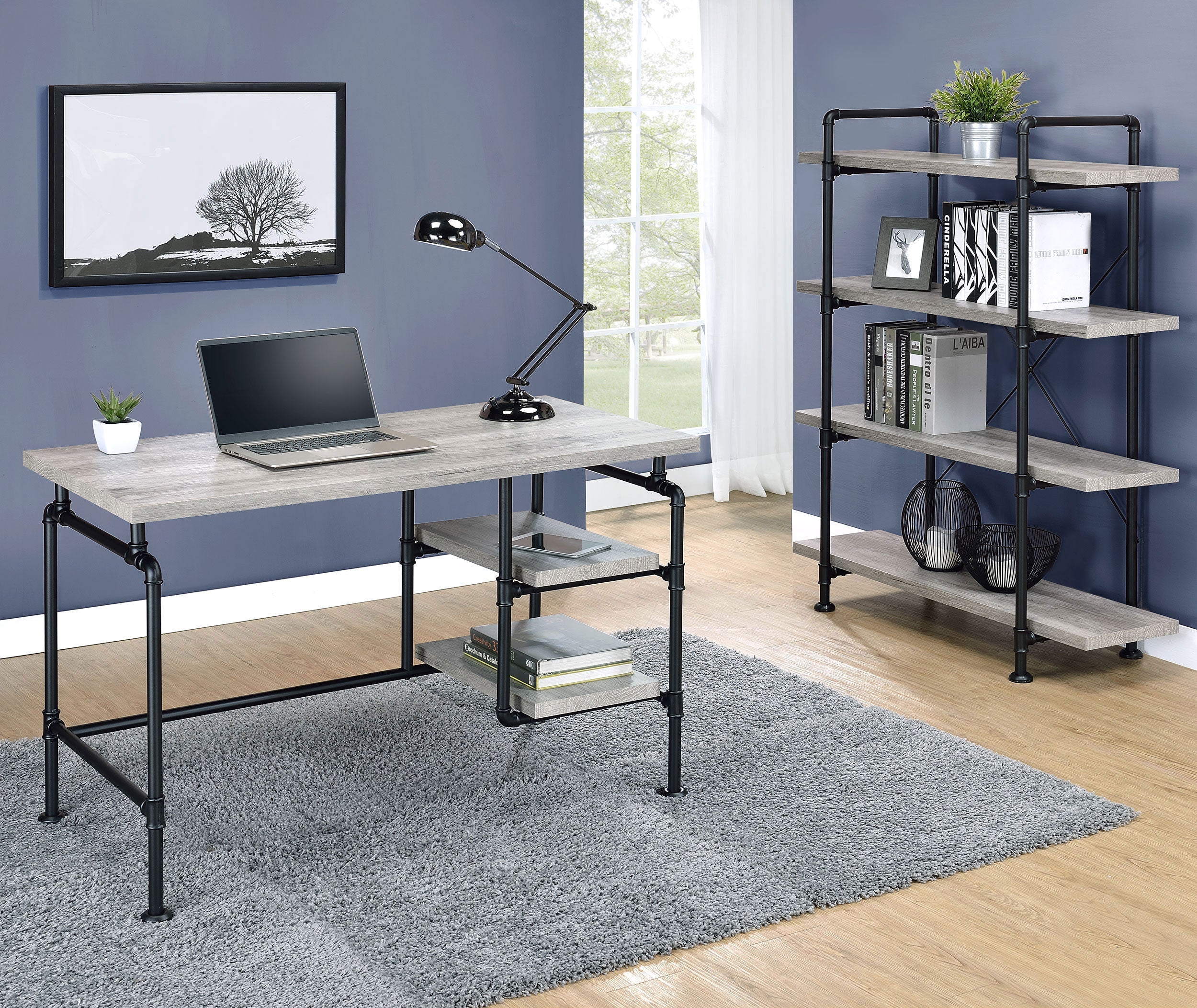 Delray 2-tier Open Shelving Writing Desk Grey Driftwood and Black