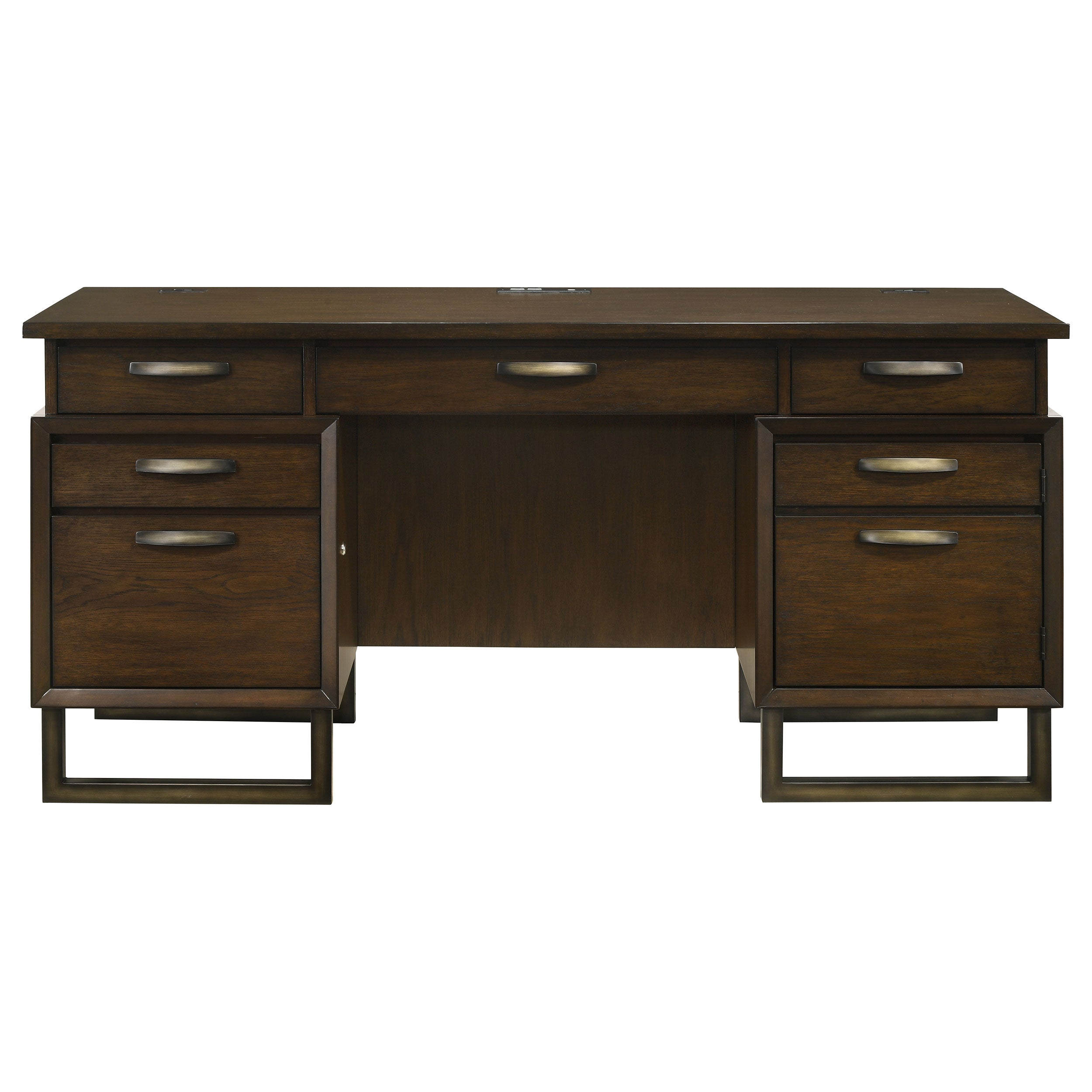 Marshall 5-drawer Credenza Desk With Power Outlet Dark Walnut and Gunmetal