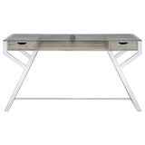 Emelle 2-drawer Glass Top Writing Desk Grey Driftwood and Chrome