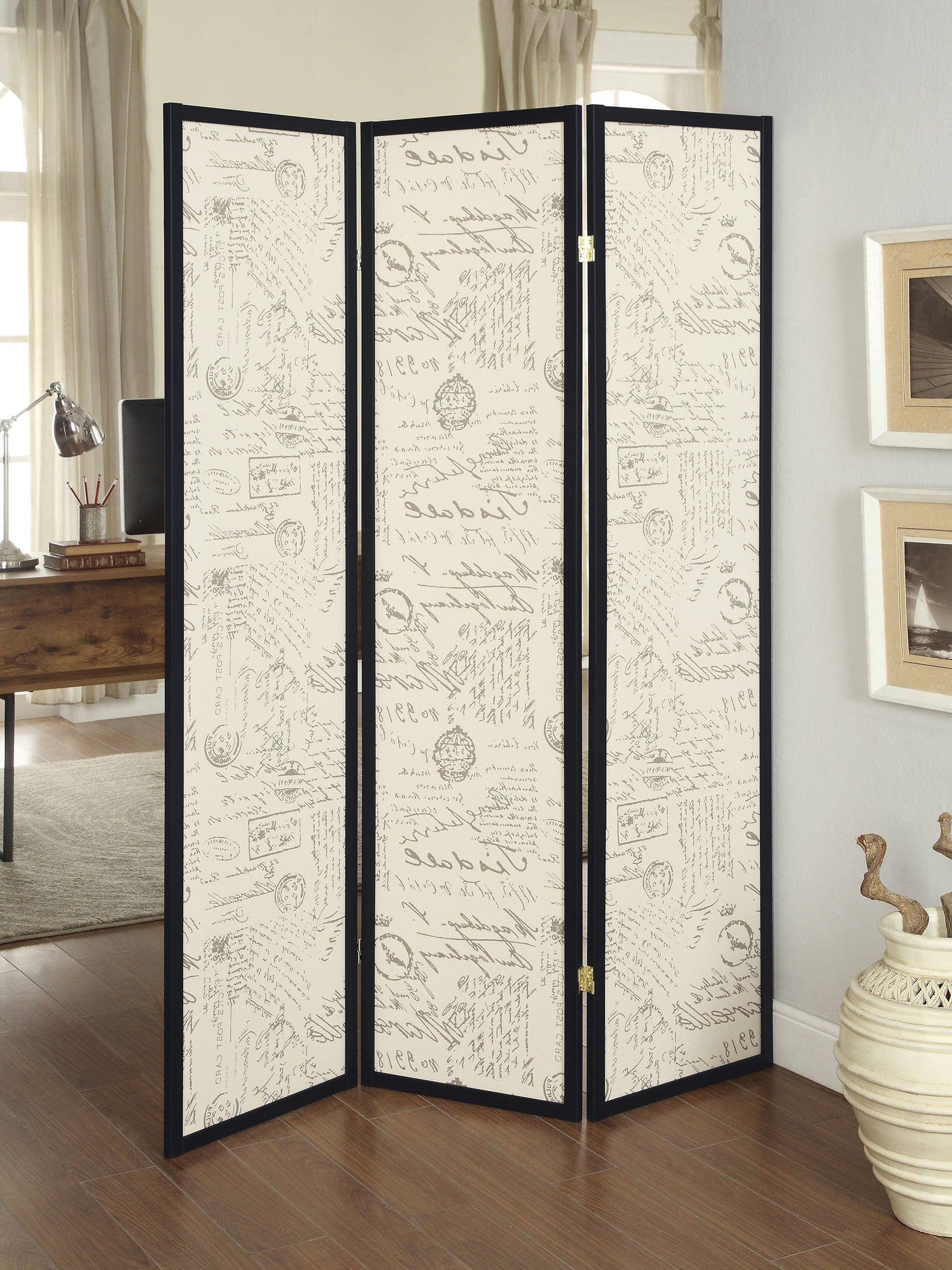 Felice 3-panel French Script Print Folding Screen Espresso