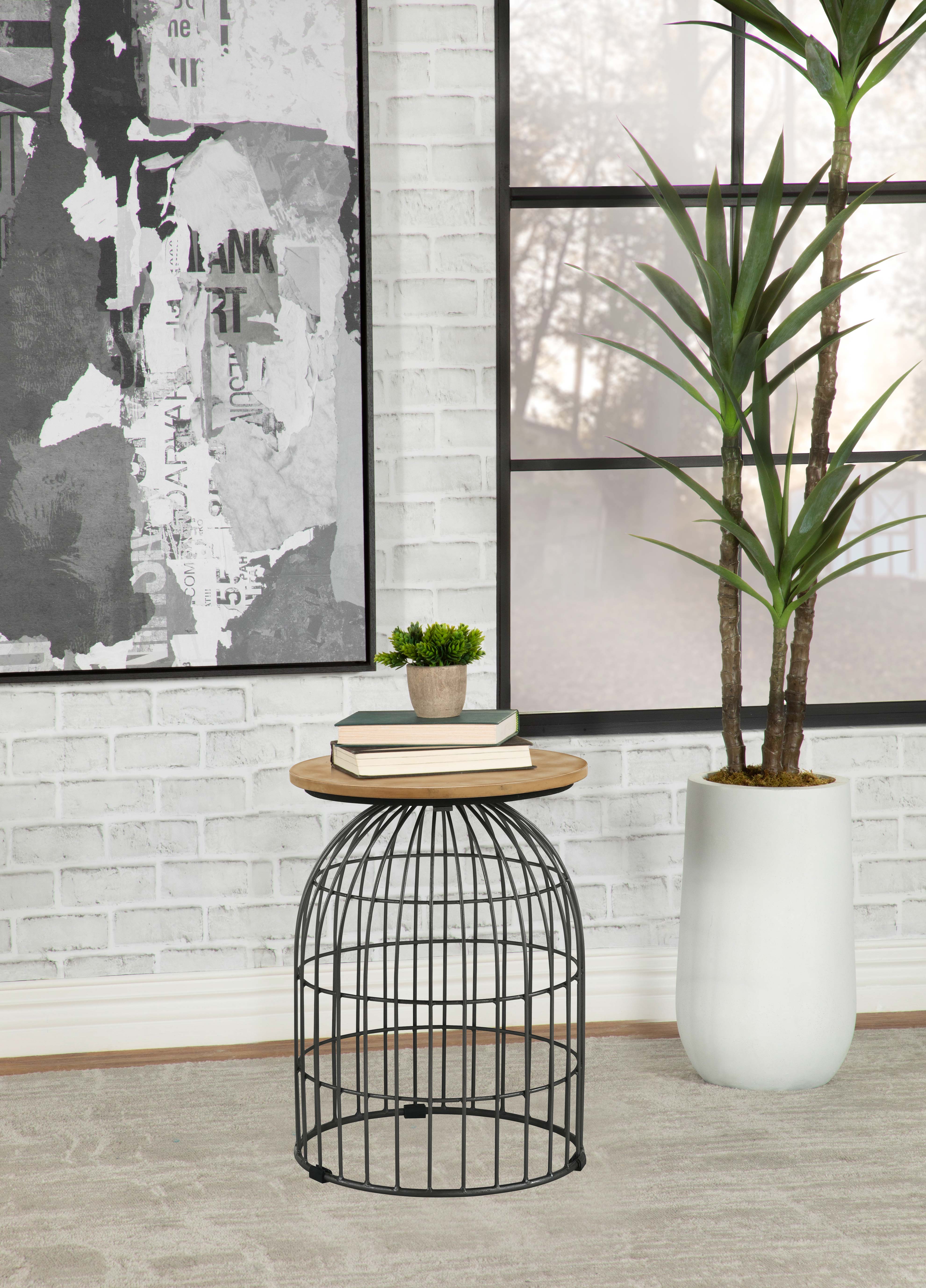 Bernardo Round Accent Table with Bird Cage Base Natural and Gunmetal