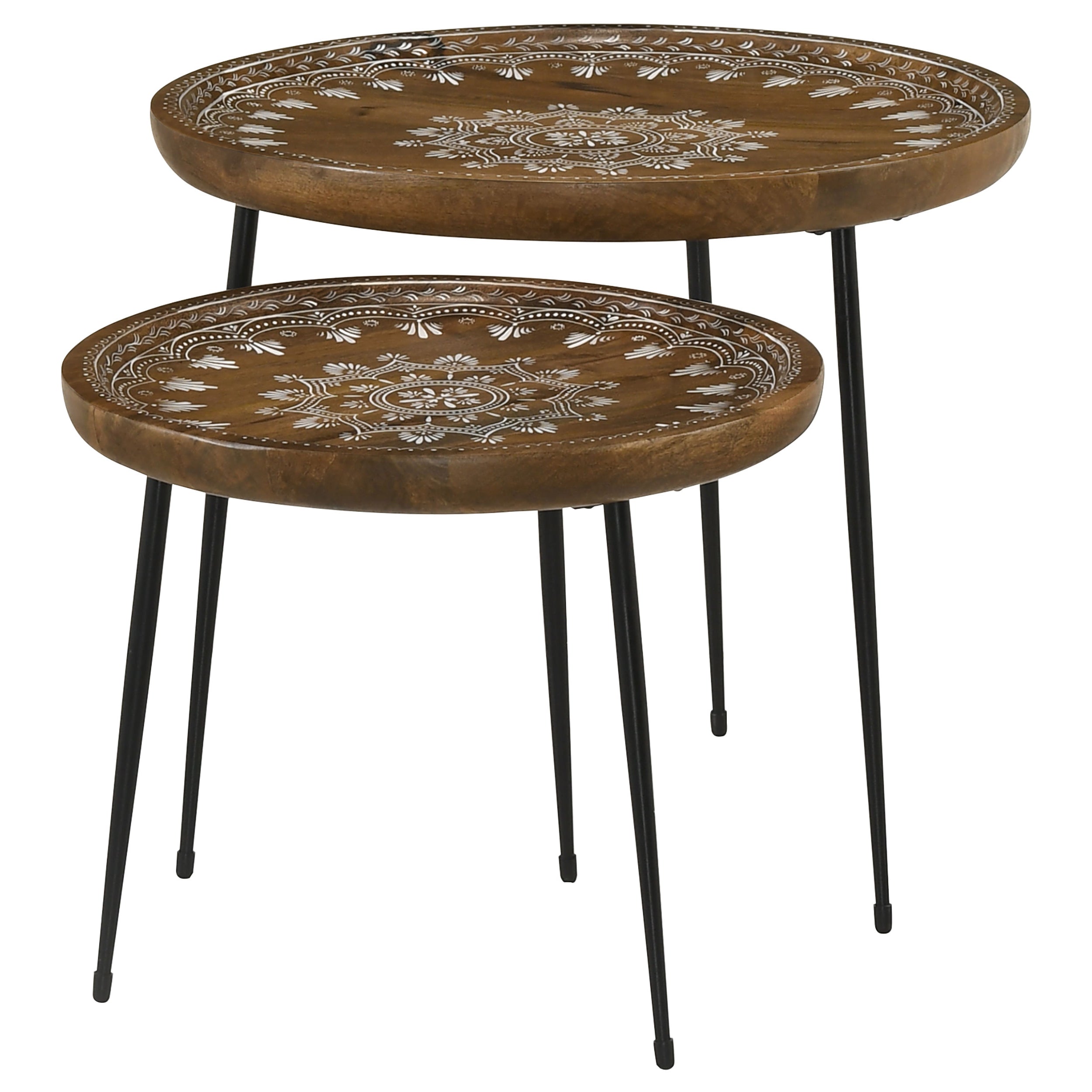 Nuala 2-piece Round Nesting Table with Tripod Tapered Legs Honey and Black