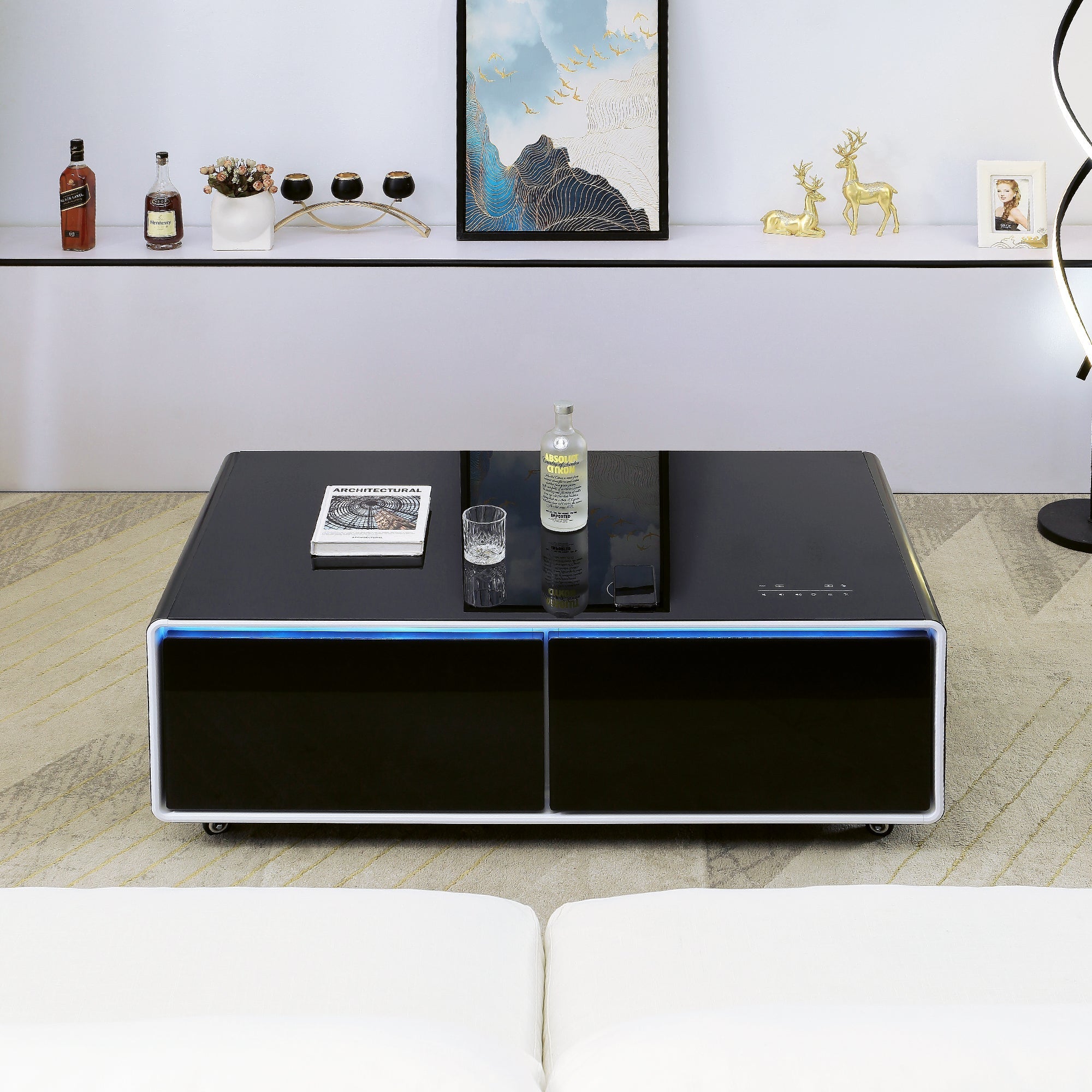 Framhild Coffee Table with Fridge and Bluetooth Speakers