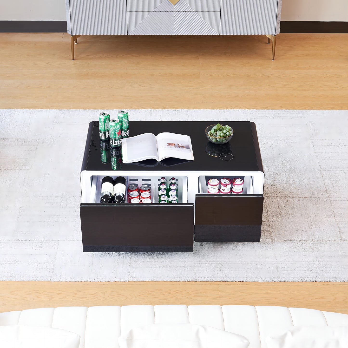 Framhild Coffee Table with Fridge and Bluetooth Speakers